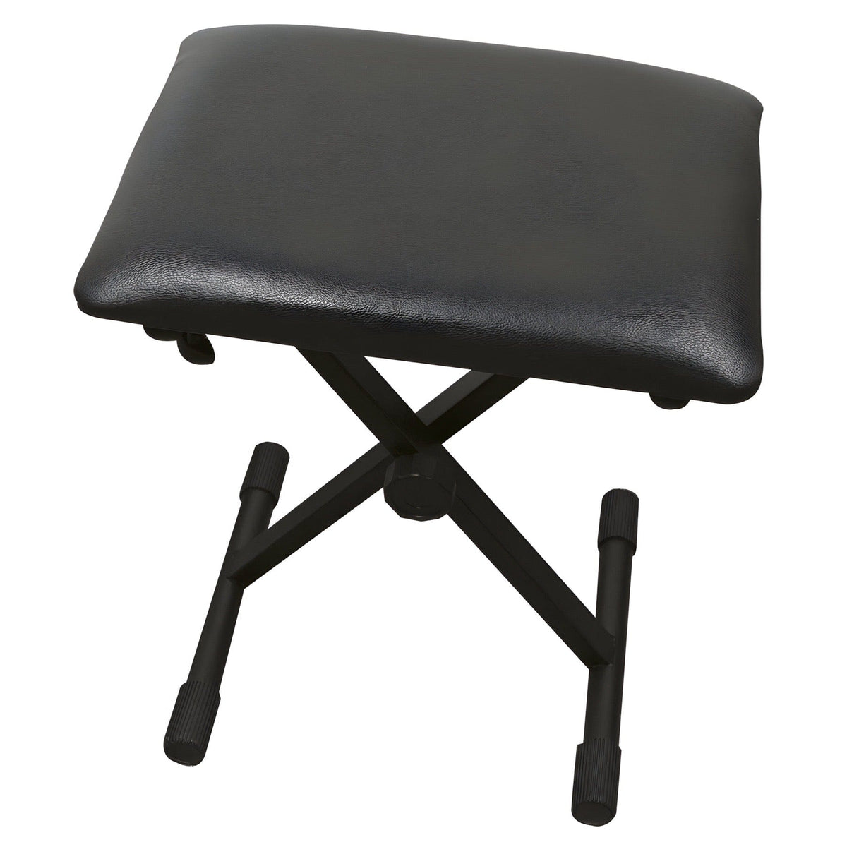 TGI keyboard bench with black padded vinyl seat on a folding black X-frame with capped feet