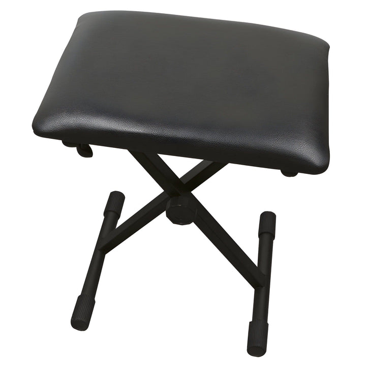 TGI keyboard bench with black padded vinyl seat on a folding black X-frame with capped feet