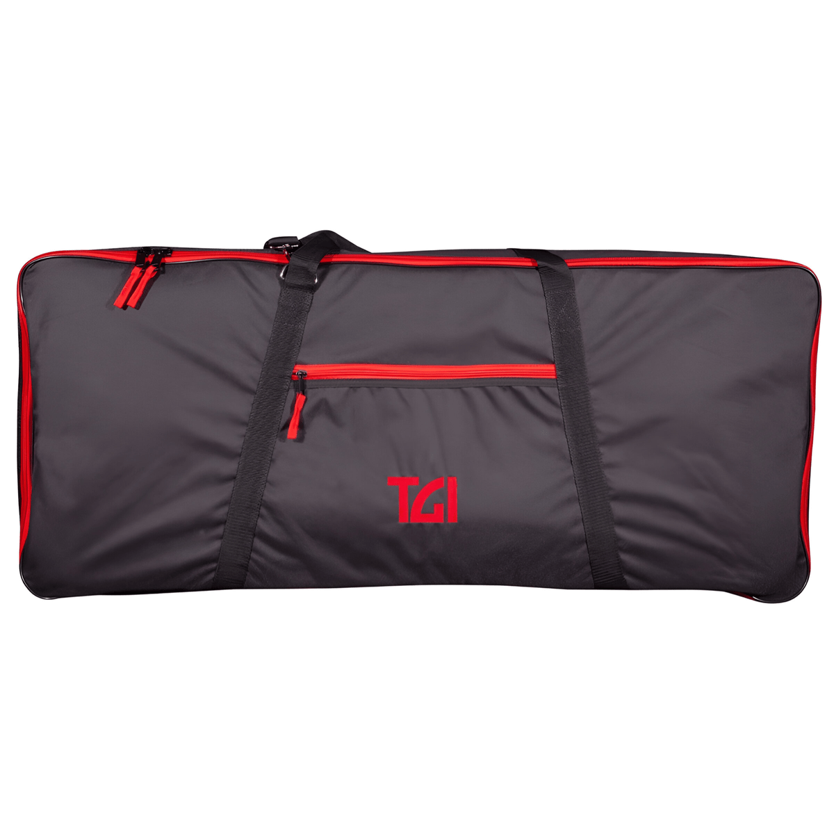 TGI Transit keyboard gig bag, front view: black nylon with red zips, zipped front pocket and red TGI logo