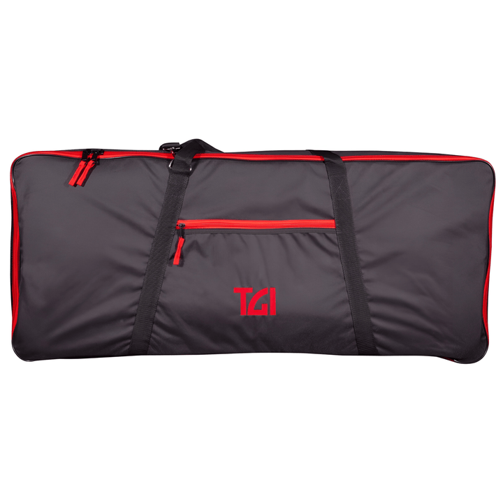 TGI Transit keyboard gig bag, front view: black nylon with red zips, zipped front pocket and red TGI logo