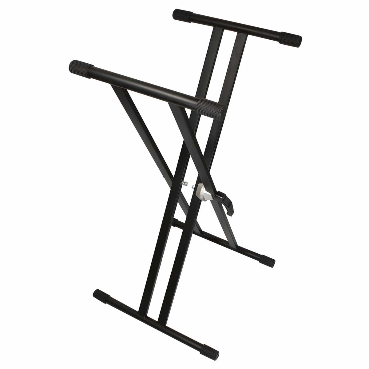 TGI double braced X keyboard stand in black, set up with rubber-capped arms and feet and the height lock at the pivot