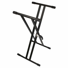 TGI double braced X keyboard stand in black, set up with rubber-capped arms and feet and the height lock at the pivot
