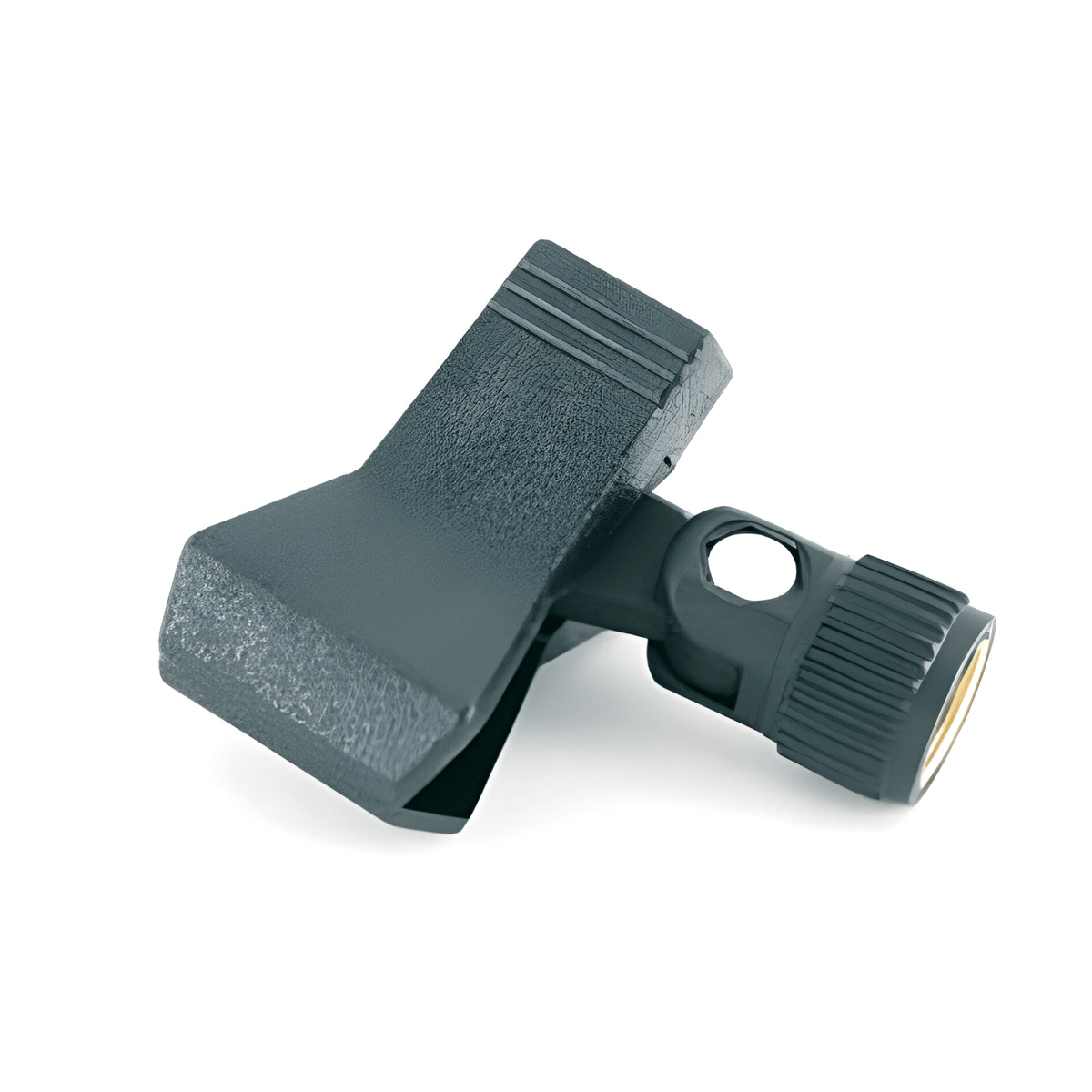 TGI clamp style mic clip in dark plastic, side view showing the clamp jaws and knurled threaded stand mount
