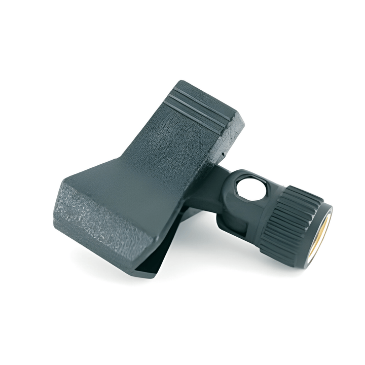 TGI clamp style mic clip in dark plastic, side view showing the clamp jaws and knurled threaded stand mount