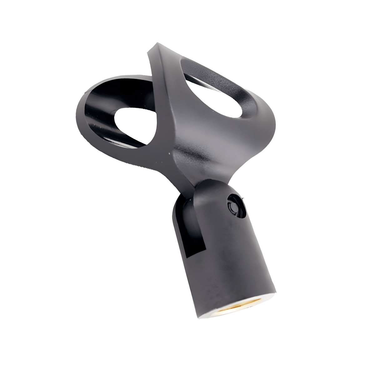 TGI regular style mic clip in black plastic: open cup, pivot and threaded stand socket at the base