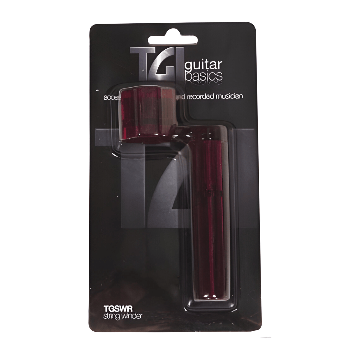 TGI TGSWR string winder in translucent burgundy red, in its black Guitar Basics blister card with hang slot