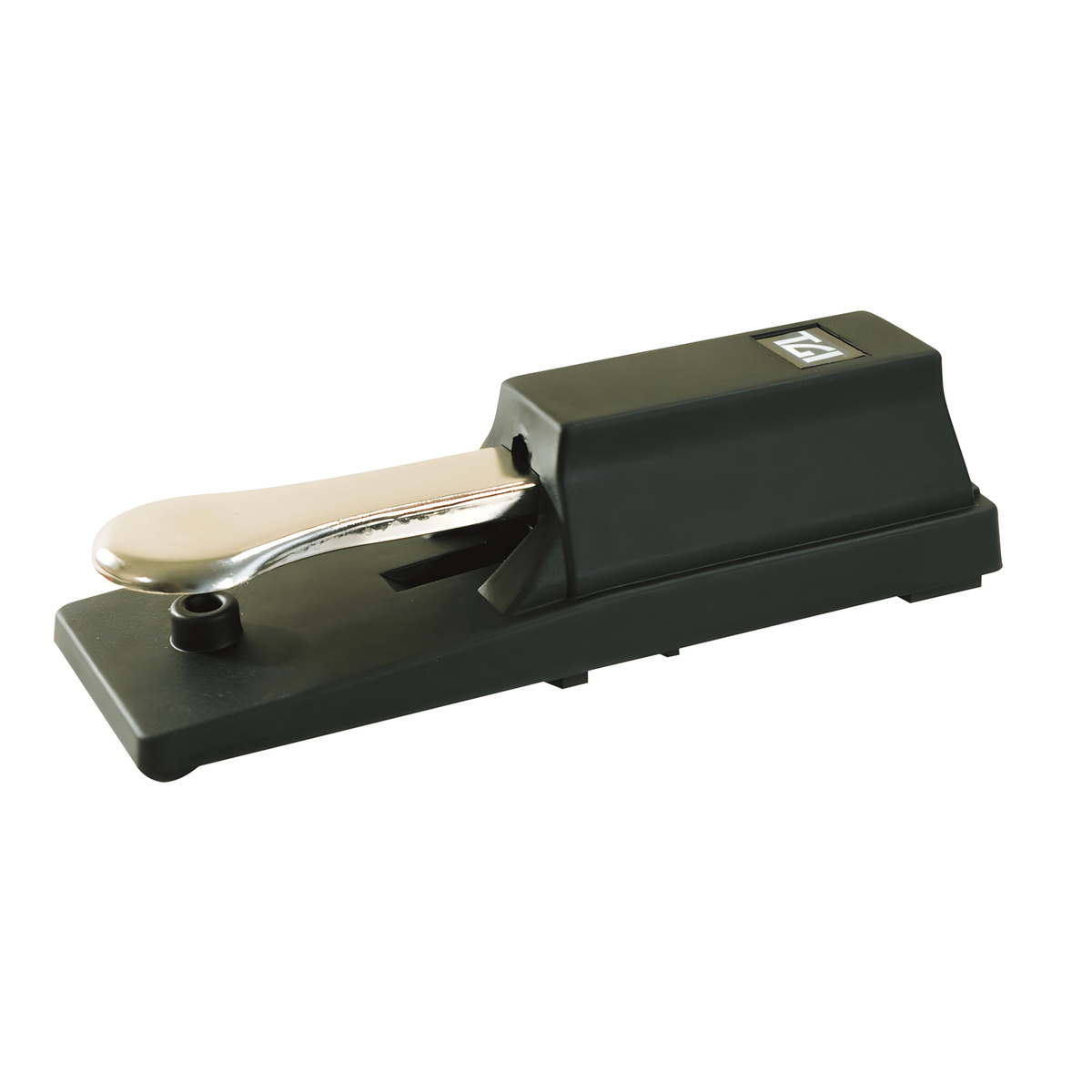 TGI piano-style sustain pedal with chrome pedal on a black chassis, three-quarter view