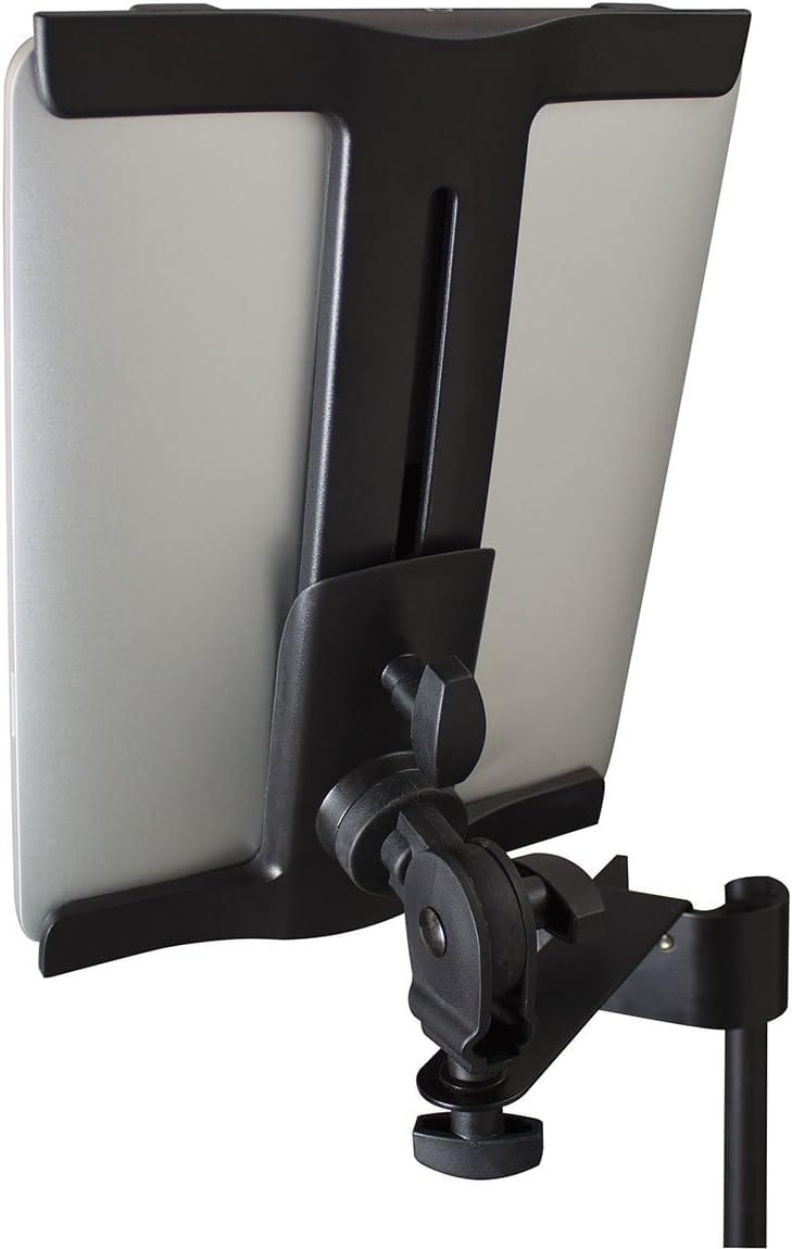 Rear view of the TGI tablet holder gripping a tablet, showing the cradle, tilt joint and clamp