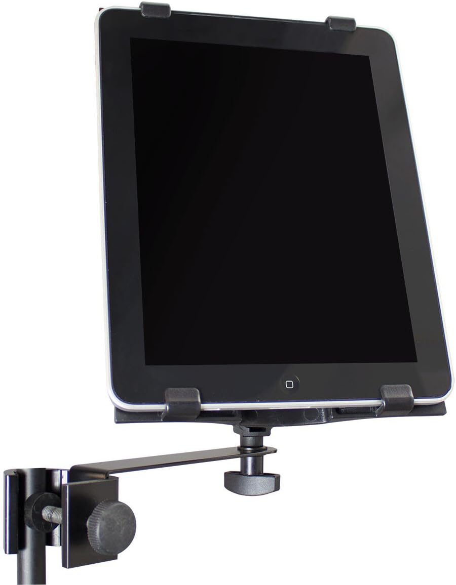 TGI tablet holder clamped to a stand, holding a black iPad in portrait, front view