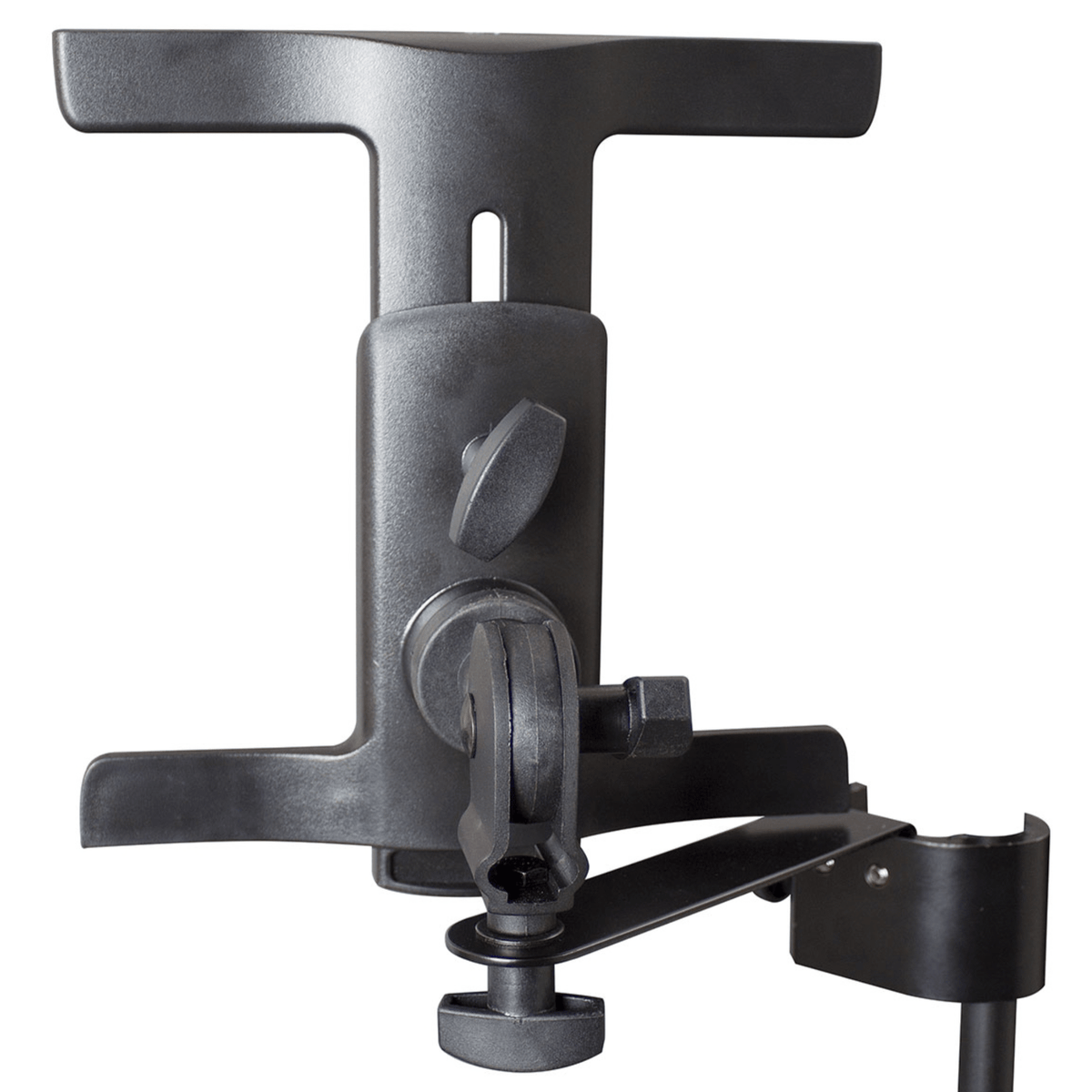 TGI tablet holder without a tablet, showing the T-shaped cradle, tilt joint and clamp arm