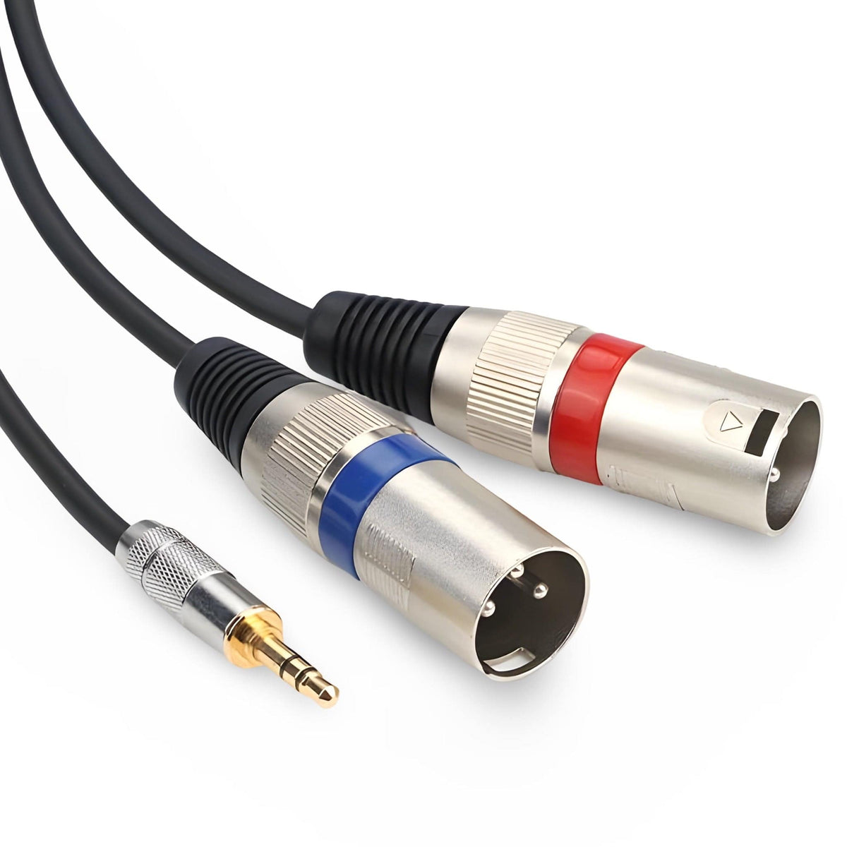 Angled view of the 3.5mm to twin male XLR cable showing the split and both XLR ends