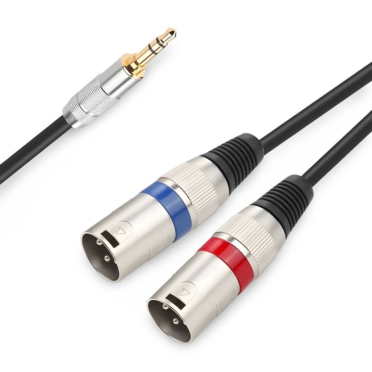 Close-up of the gold-coloured 3.5mm stereo jack and the two male XLR plugs