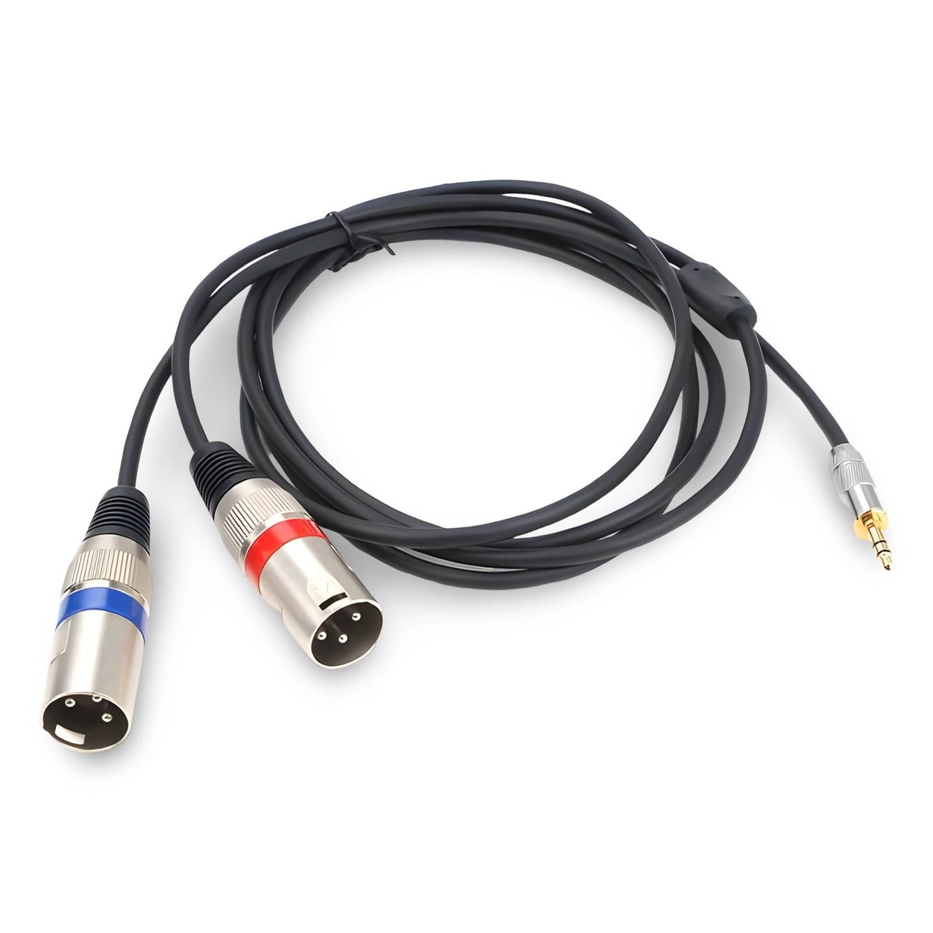 Coiled 1.5m cable with a 3.5mm stereo jack splitting to two male XLRs with red and blue rings