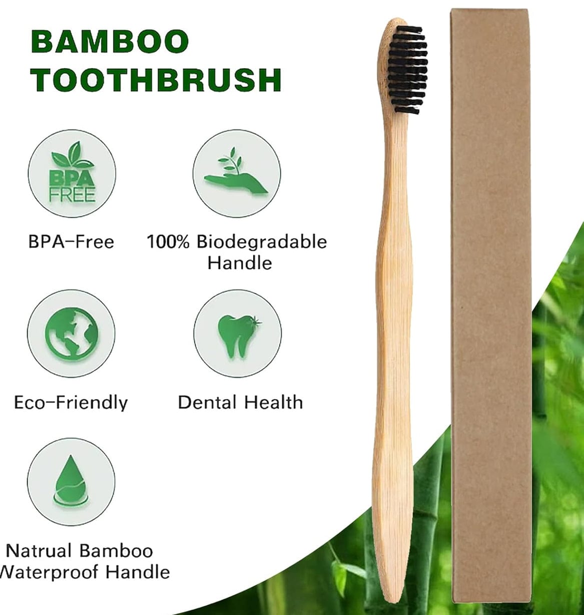 Bamboo toothbrush beside a kraft card box, with icons for BPA-free, biodegradable handle and eco-friendly