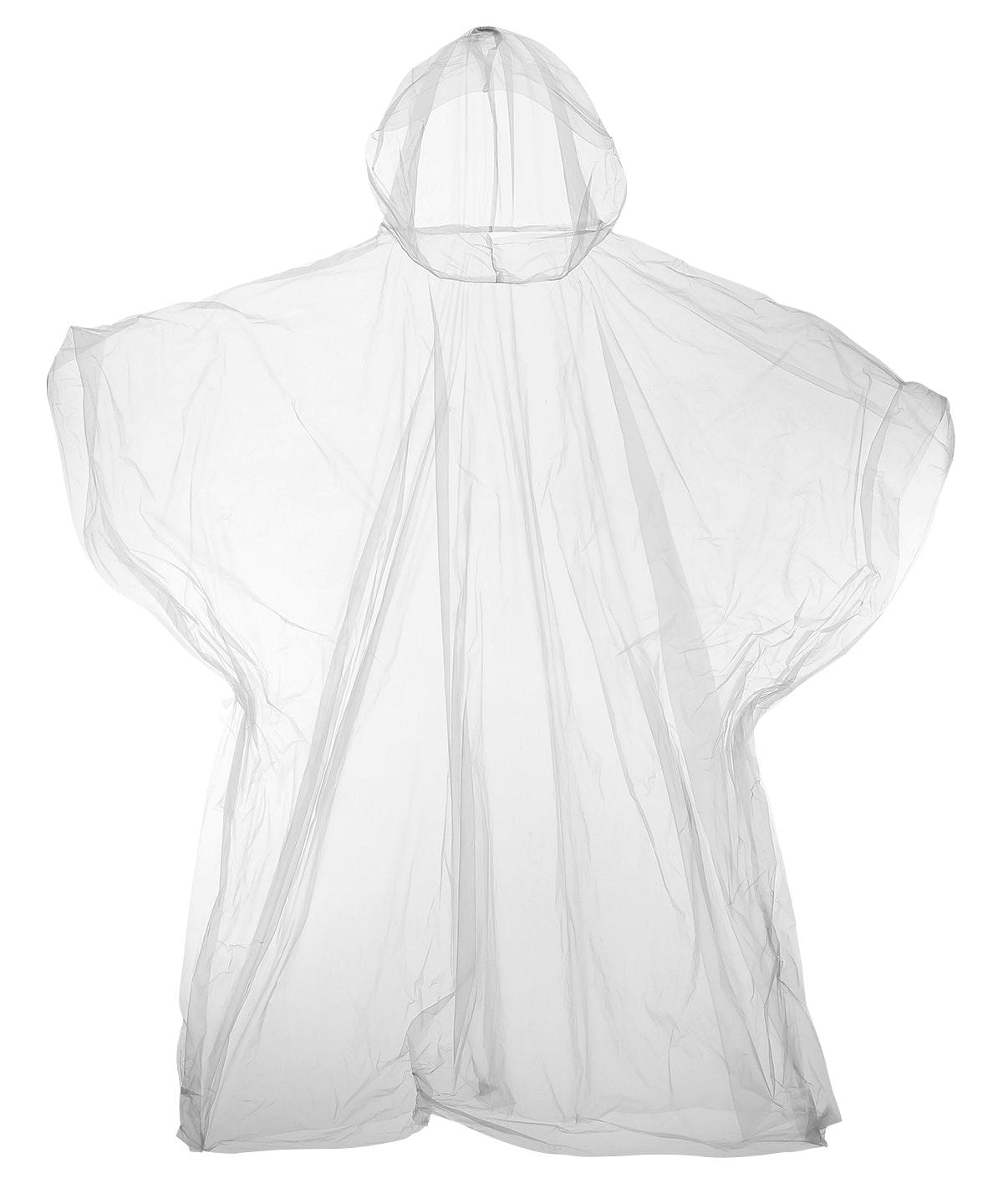 Clear disposable rain poncho with hood, laid flat on a white background