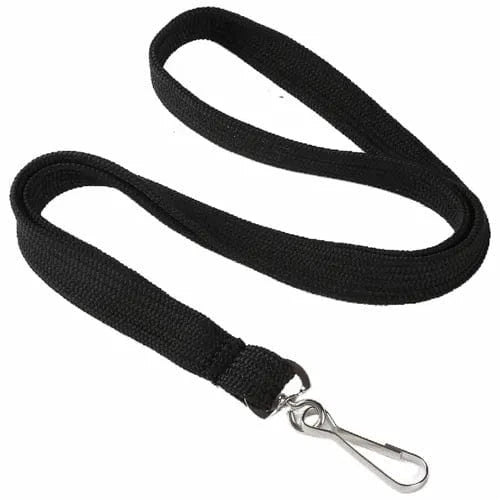 Plain black woven lanyard with a silver metal J-hook clip, laid in a loop
