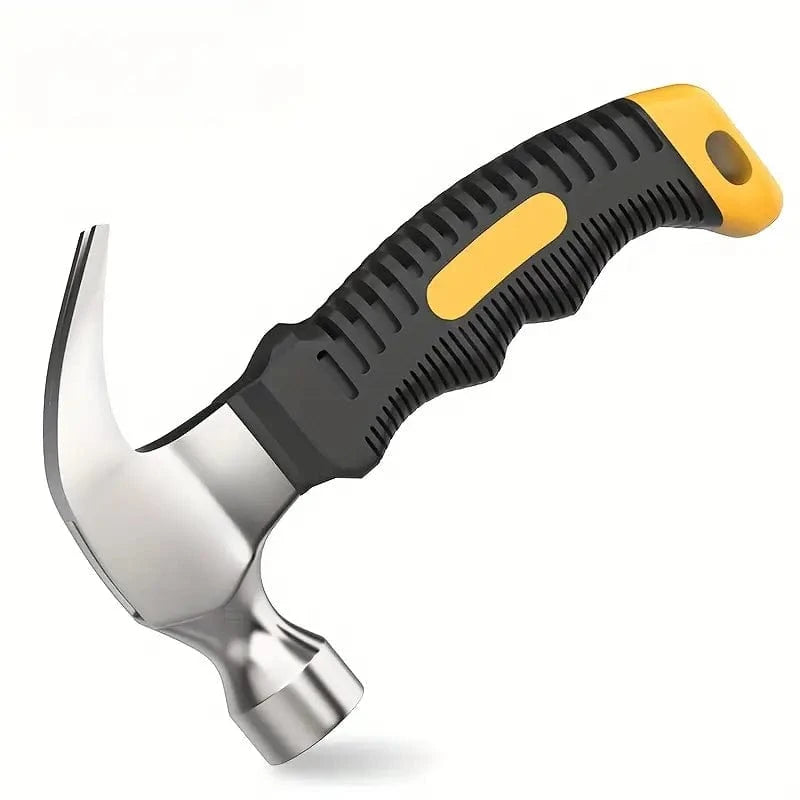Mini claw hammer with polished steel head and curved claw, black and yellow rubber grip with a hanging hole