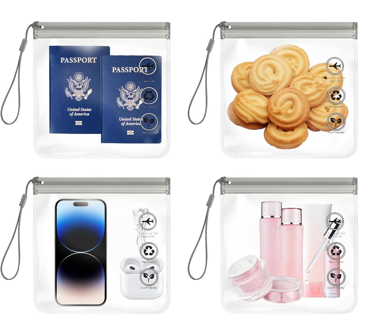 Four clear travel bags with wrist straps holding passports, biscuits, a phone and earbuds, and cosmetics bottles