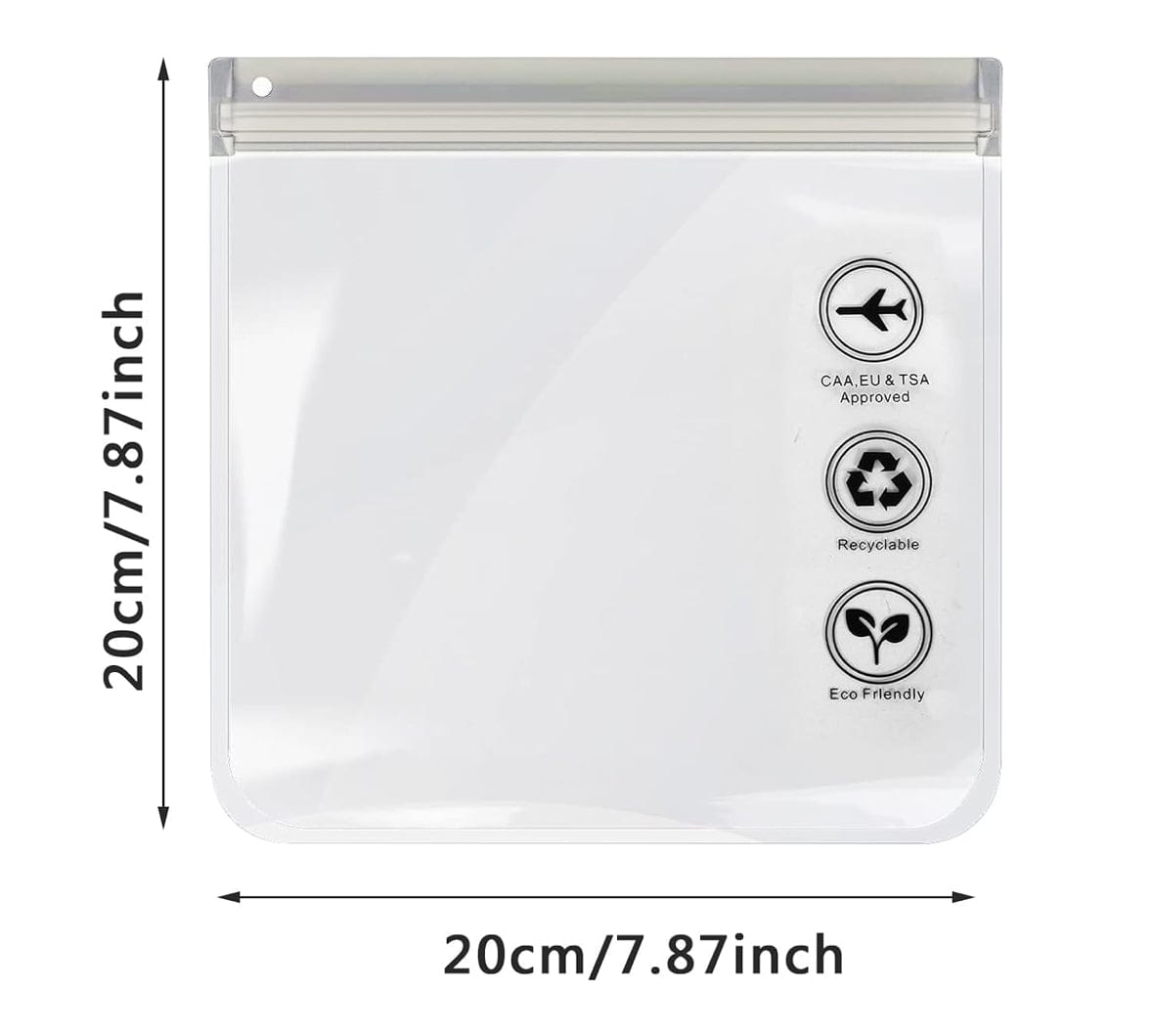 Clear 20 x 20cm resealable toiletries bag with grey top, dimension arrows and printed travel and recycling icons