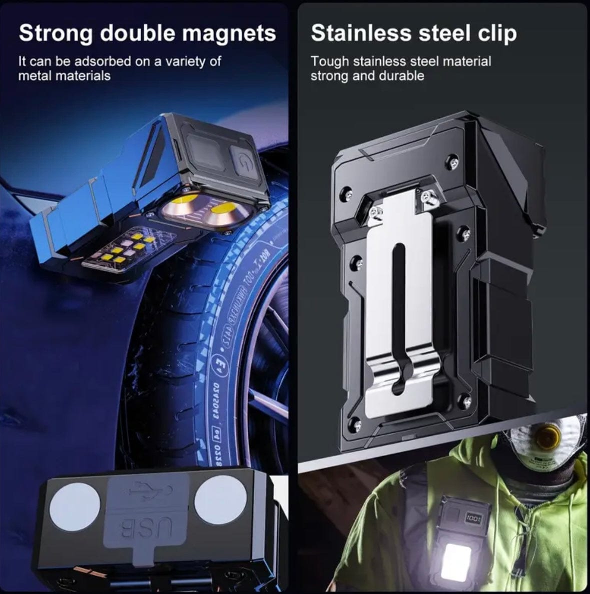 Flashlight features: double magnets holding it on a car wheel arch, stainless steel back clip, and clipped to a hi-vis jacket