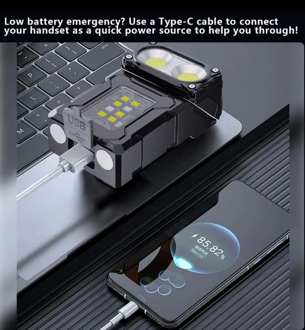 Mini LED flashlight on a laptop, connected by cable to a smartphone to charge it, with an emergency power caption