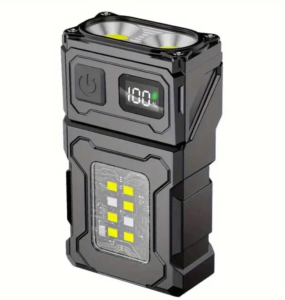 Black mini LED flashlight front view: twin LEDs on top, power button, battery display reading 100 and LED panel below