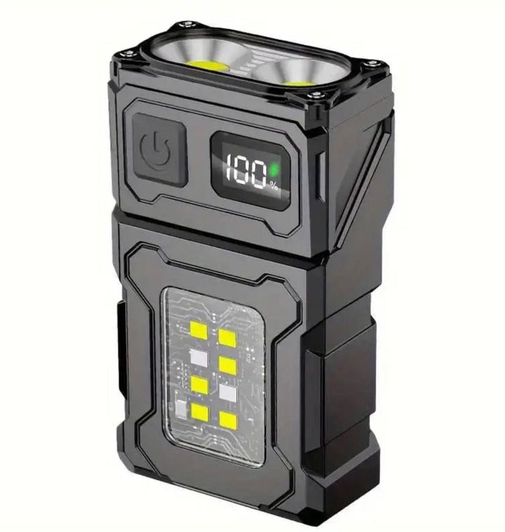 Black mini LED flashlight front view: twin LEDs on top, power button, battery display reading 100 and LED panel below