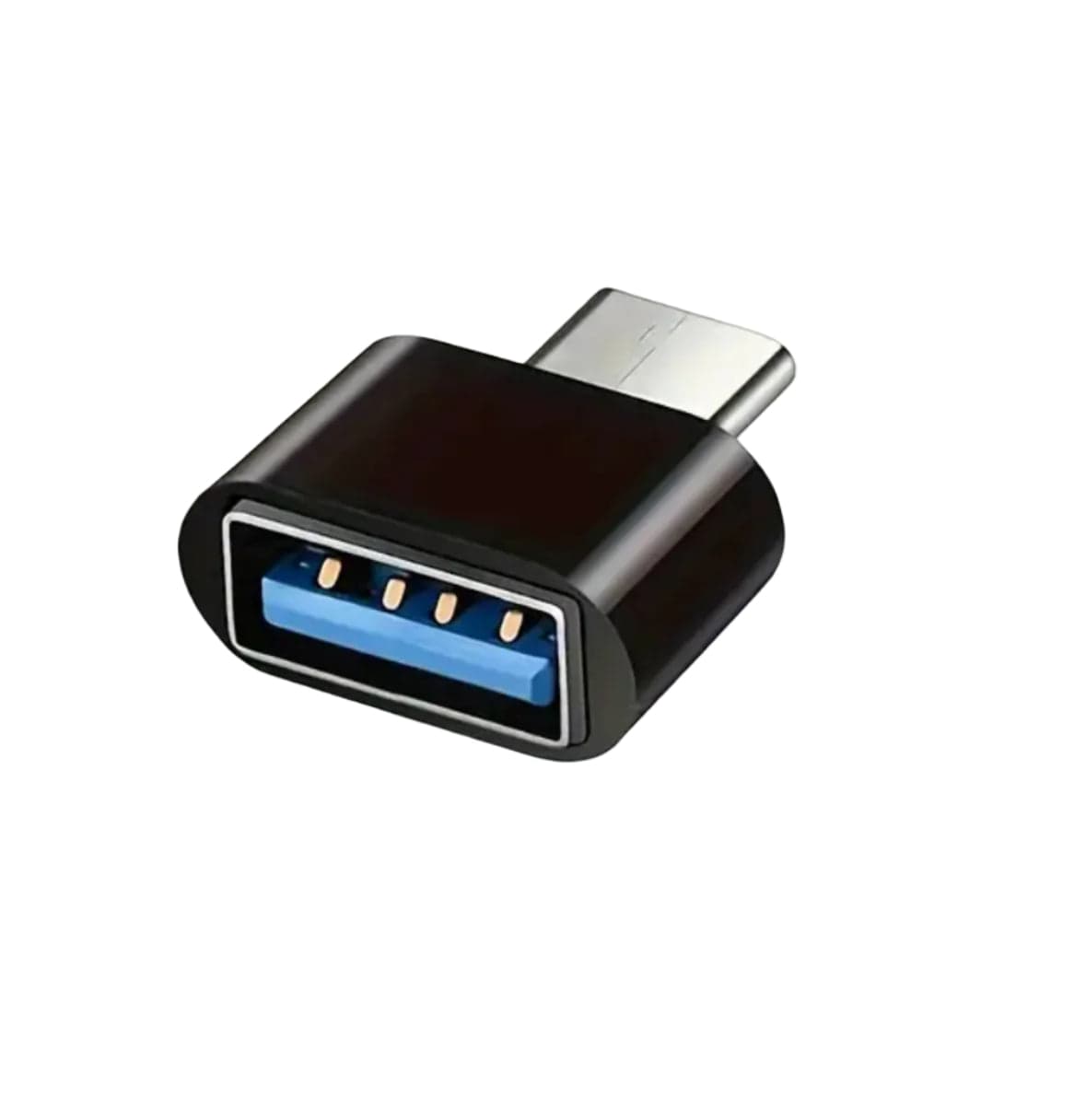 Black USB-A to USB-C adaptor with the blue-insert USB-A socket facing forward and the USB-C plug behind