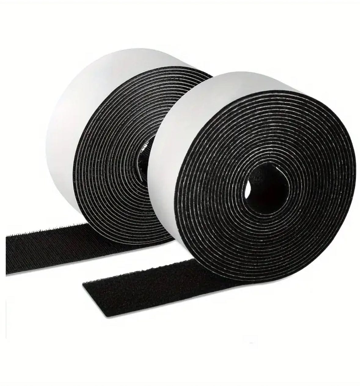 Two rolls of black hook and loop strip with white backing, ends unrolled to show the hook and loop faces