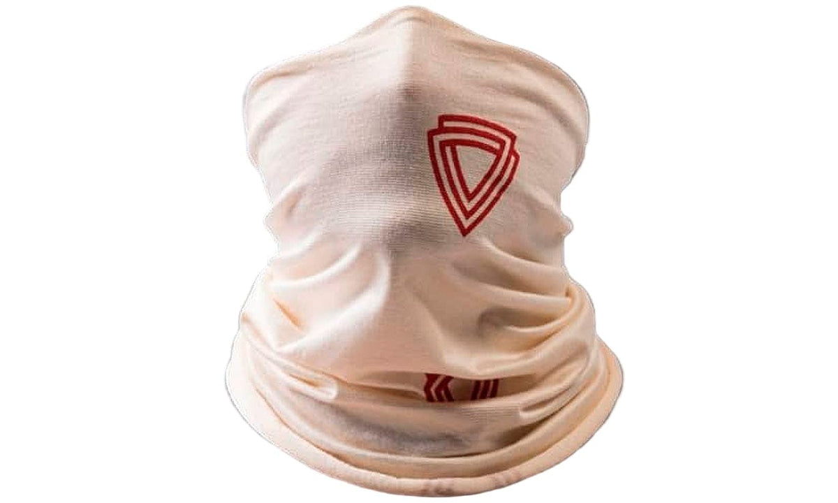 Virustatic Shield snood-style face covering in off-white with red Virustatic logo, shaped as worn