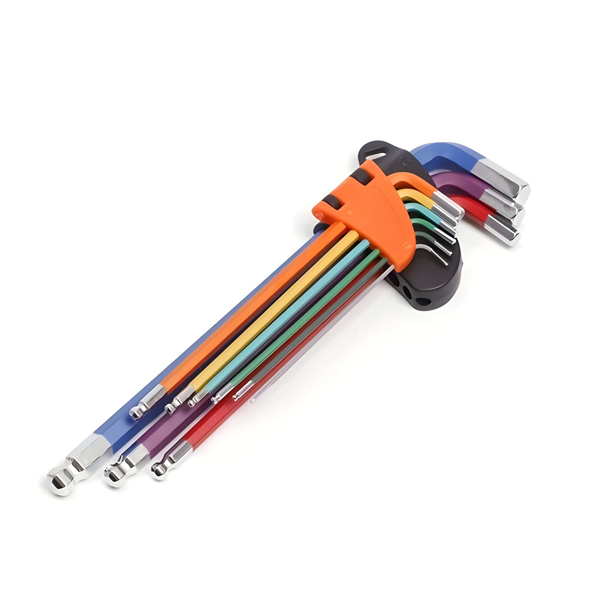 9-piece colour-coded ball-end Allen key set held in an orange and black clip holder