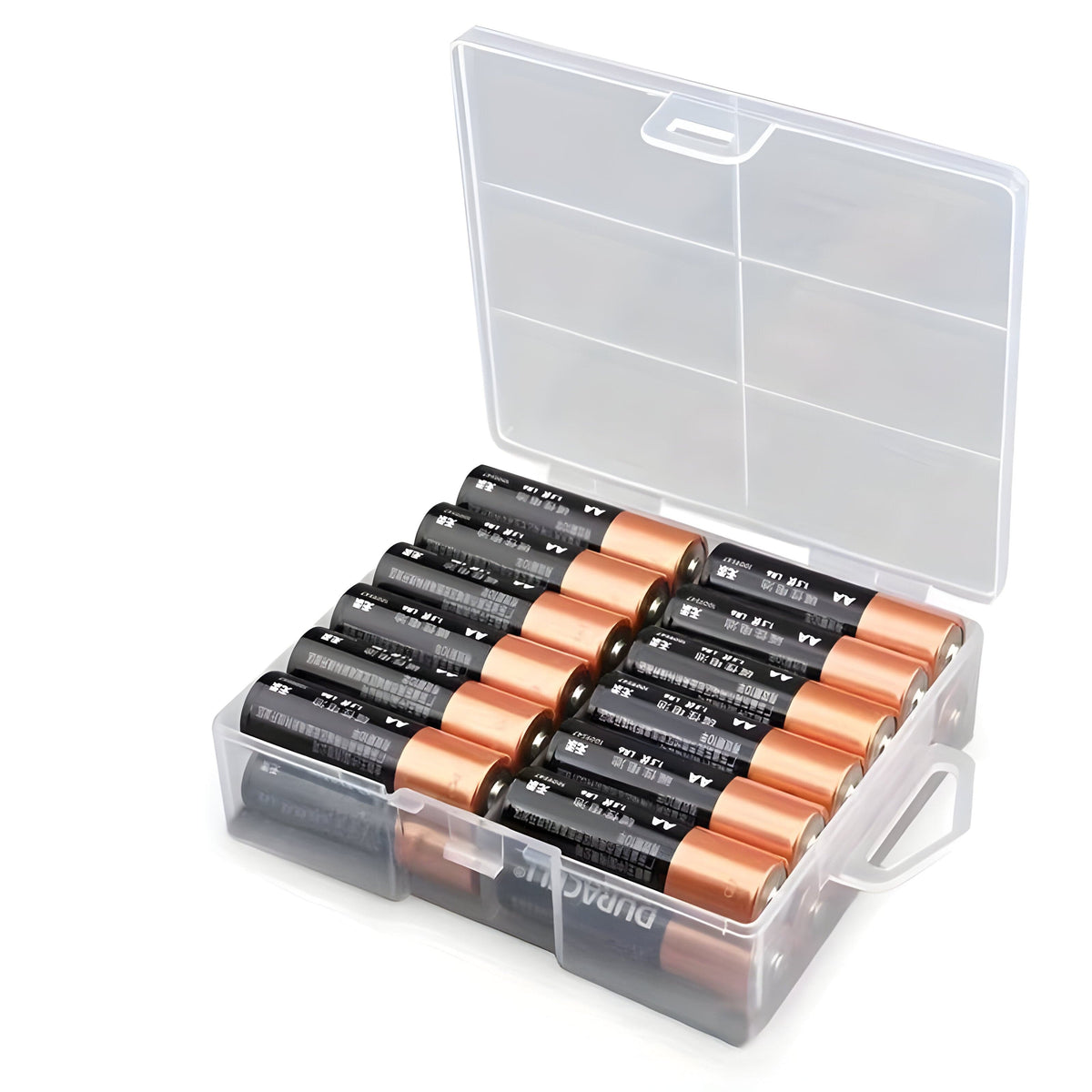 Clear plastic battery organiser case with its lid open, shown holding 24 AA batteries in two layers of 12
