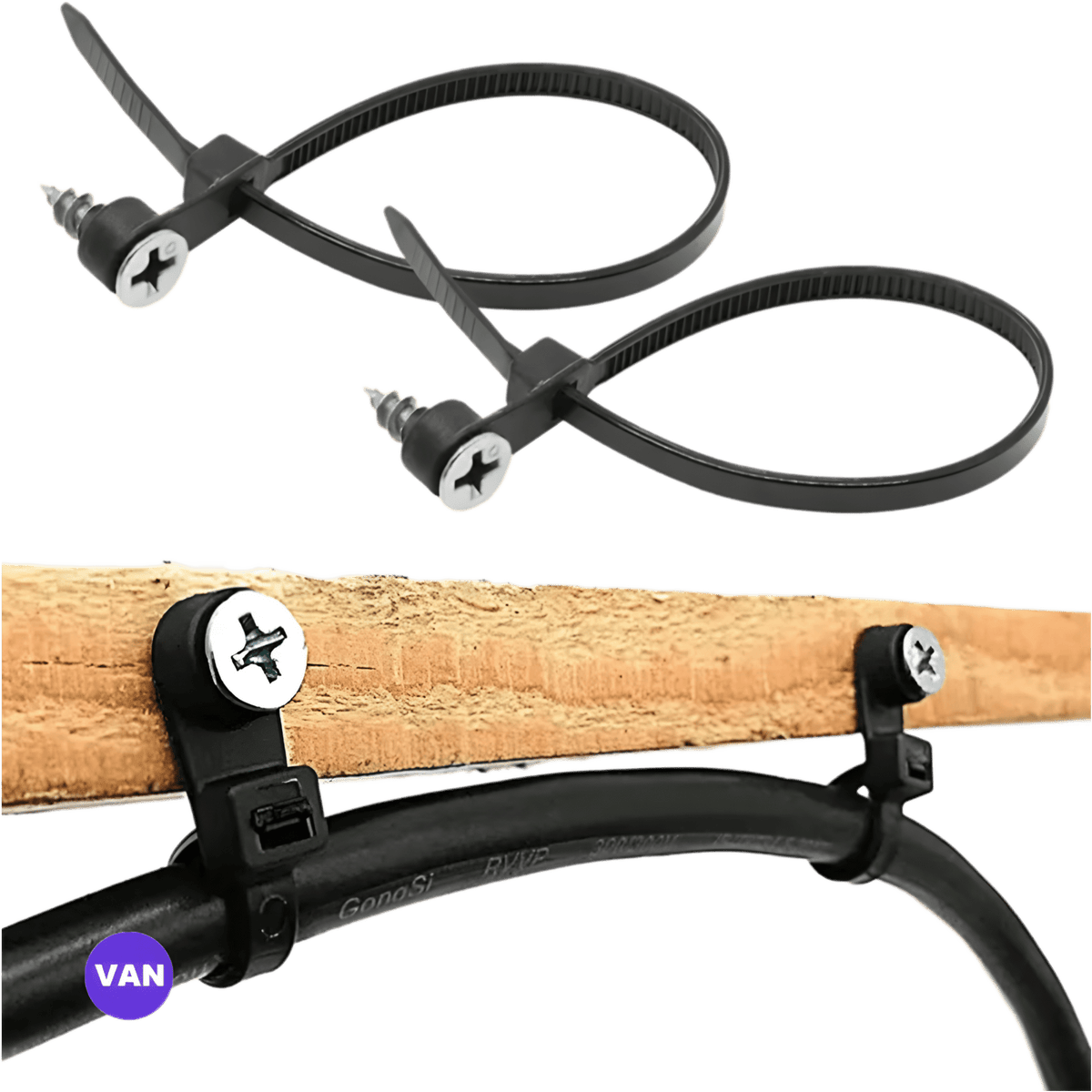 Black screw-mountable cable ties screwed to a timber batten, holding a cable in place
