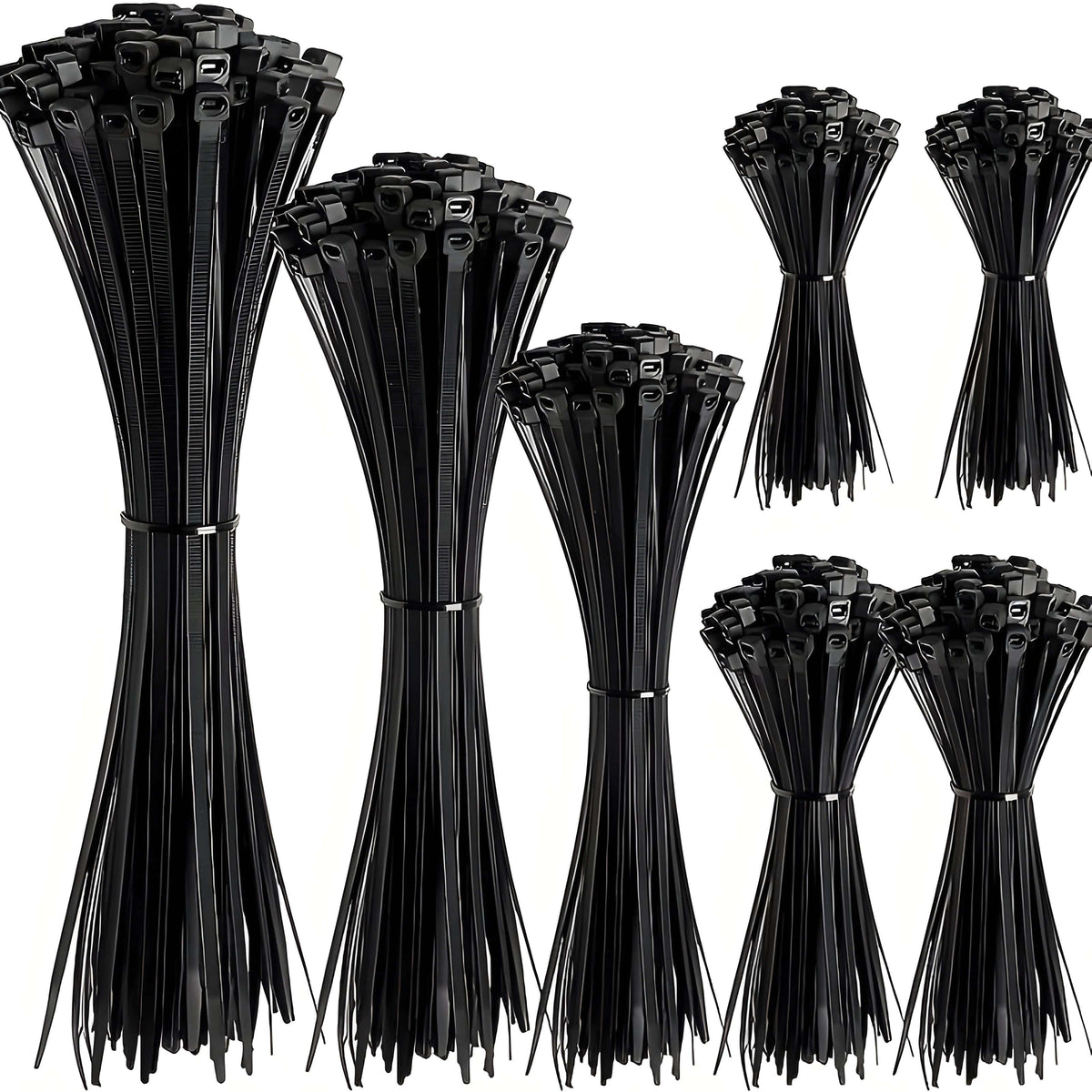 Bundles of black plastic cable ties in several lengths laid side by side