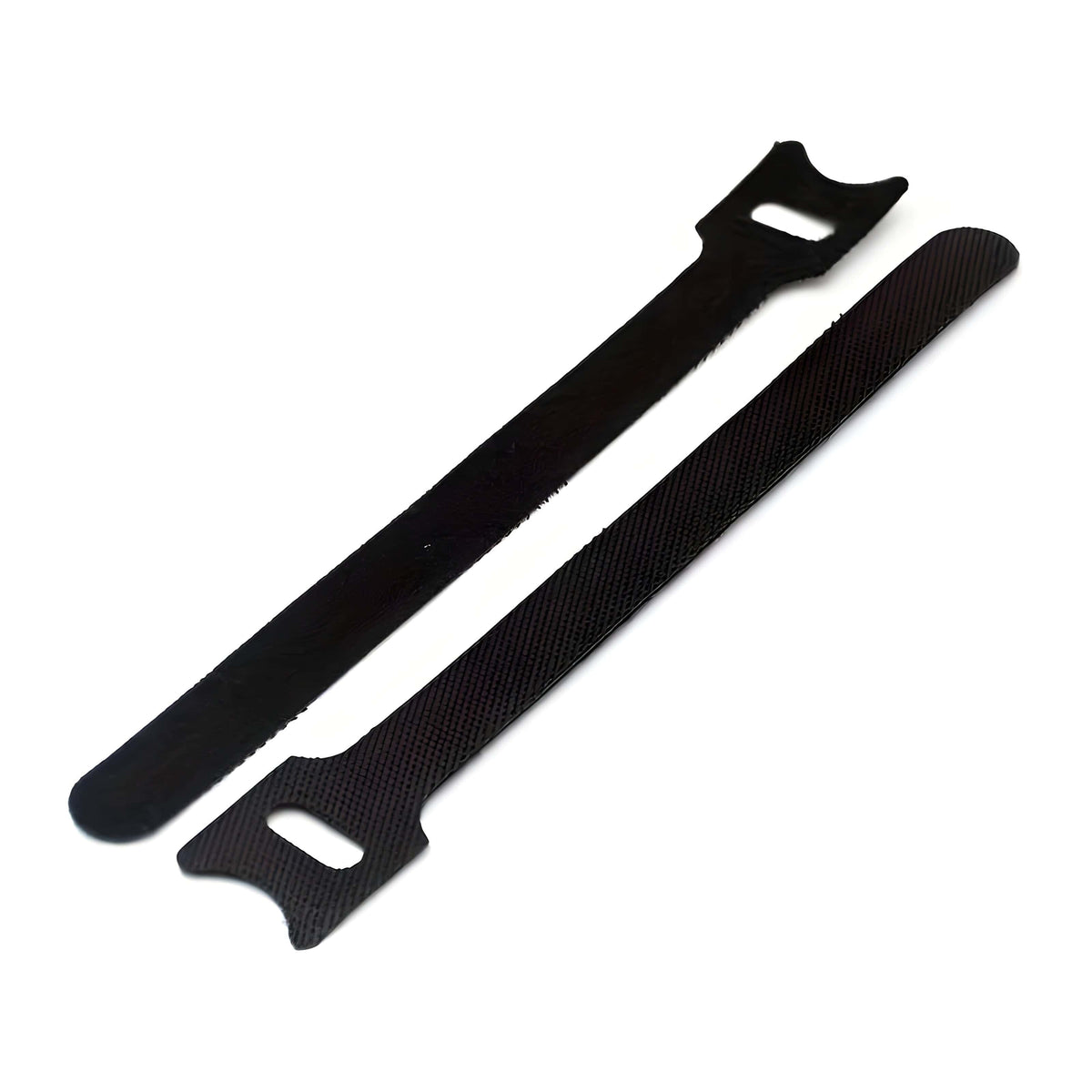 Two black reusable hook and loop cable ties, one showing its slotted end