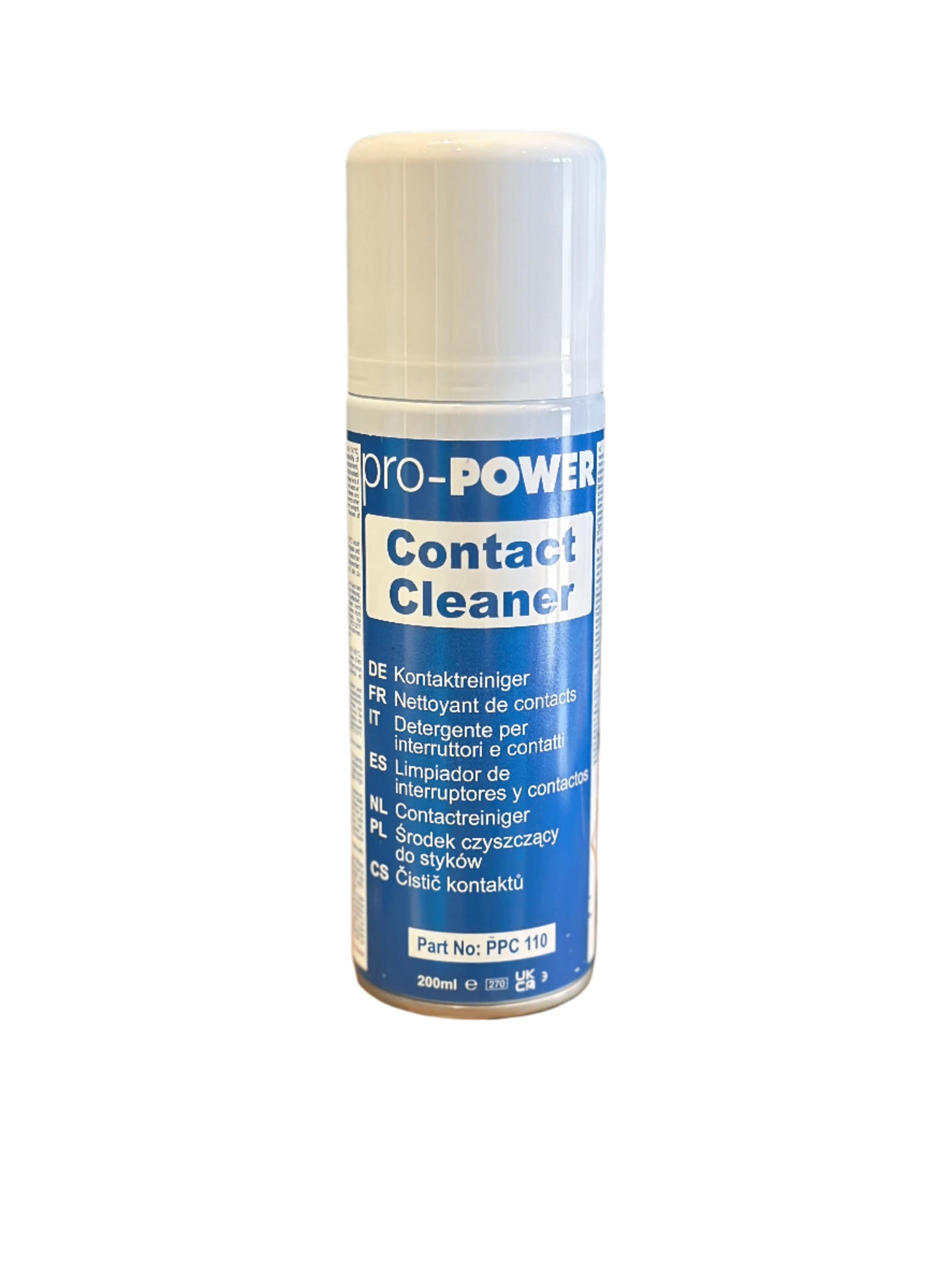 Pro Power PPC110 Contact Cleaner 200ml aerosol can, front label with multilingual text and part number