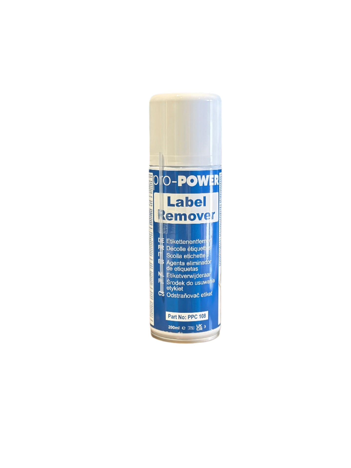 Pro Power PPC108 Label Remover 200ml aerosol can, front label with part number