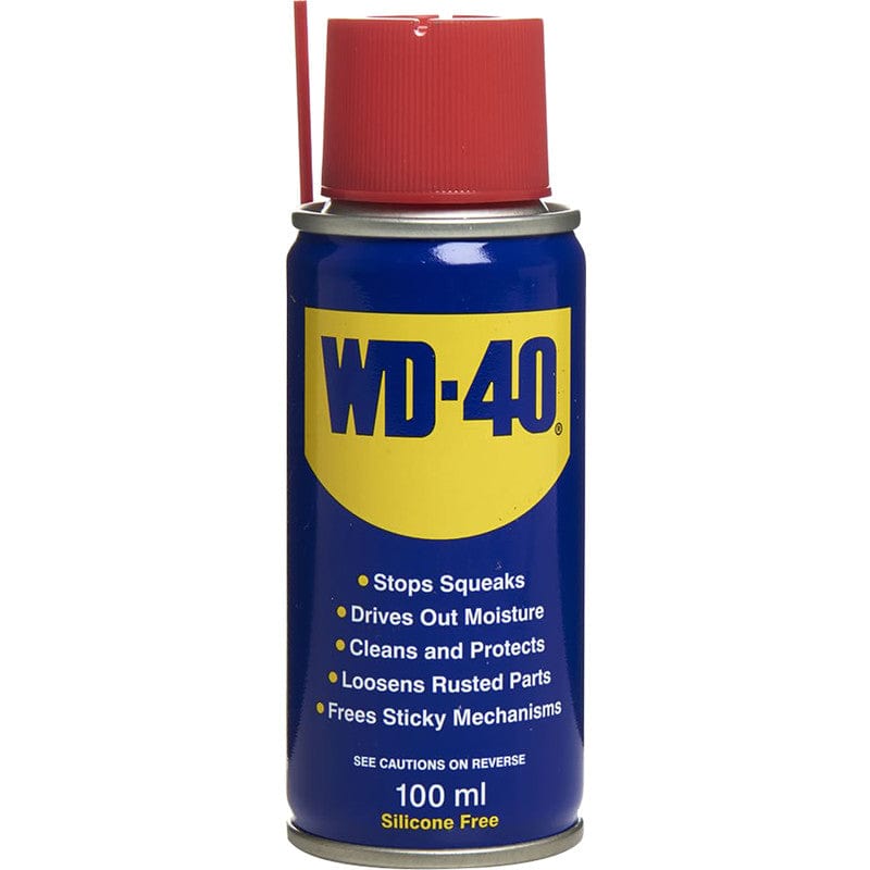 WD-40 Multi-Use 100ml aerosol can in blue and yellow with red cap, listing stops squeaks and drives out moisture