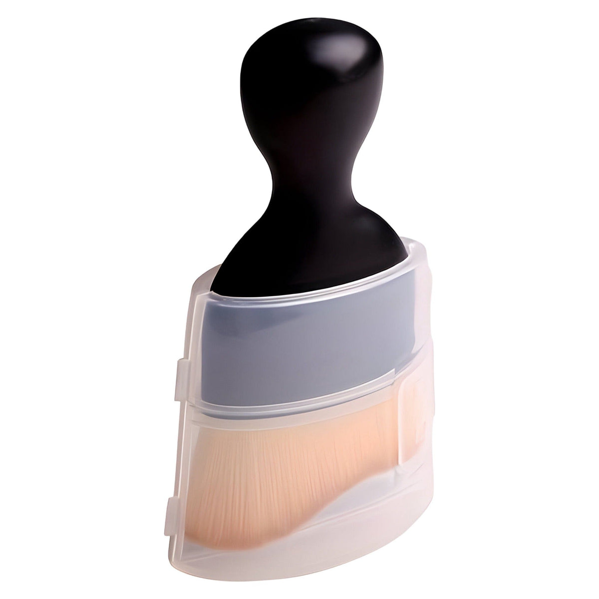 Tech dust removal brush with a black knob handle and soft peach bristles inside a clear protective cover, white background