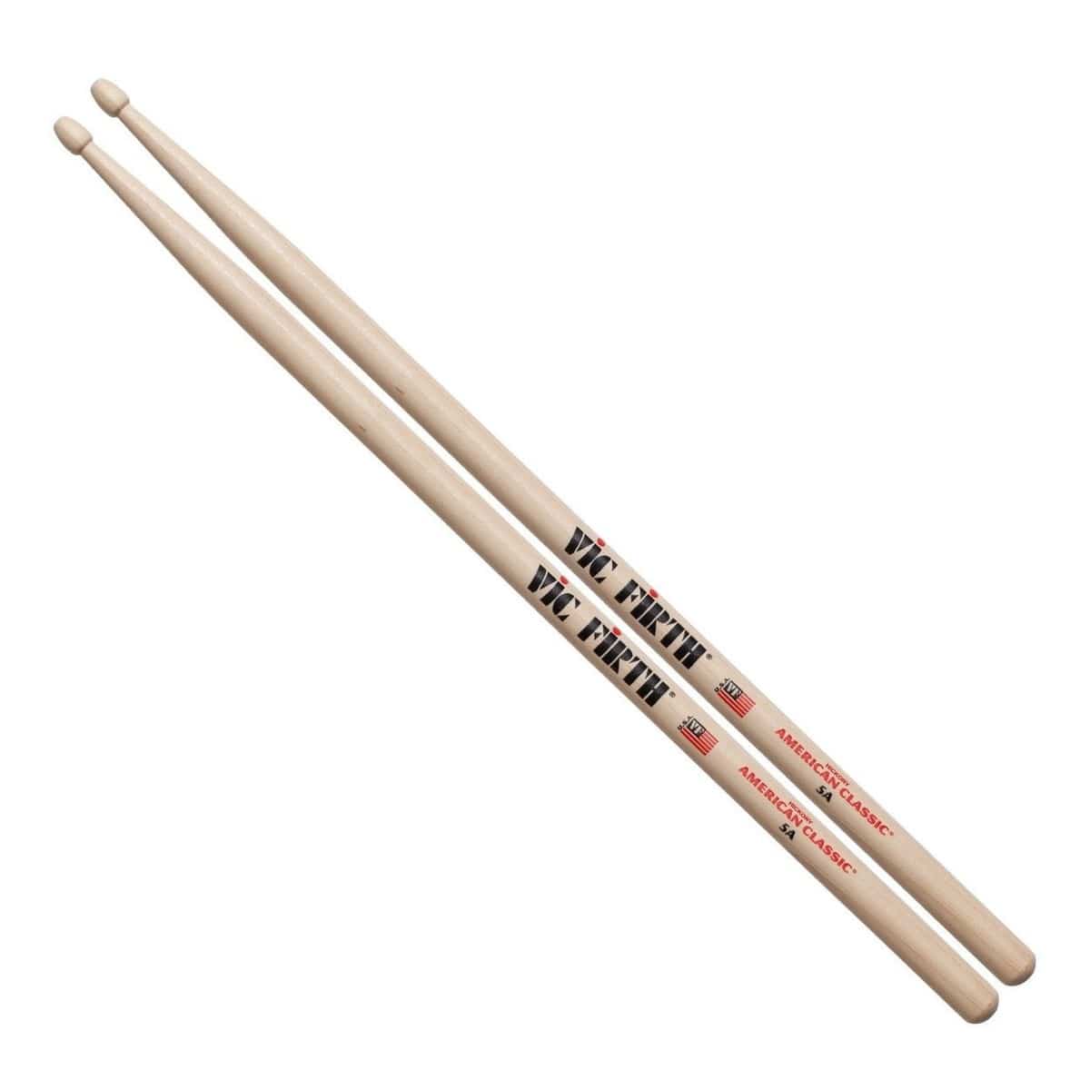 Pair of Vic Firth American Classic 5A hickory drumsticks with wood tips, black Vic Firth logo and red American Classic print