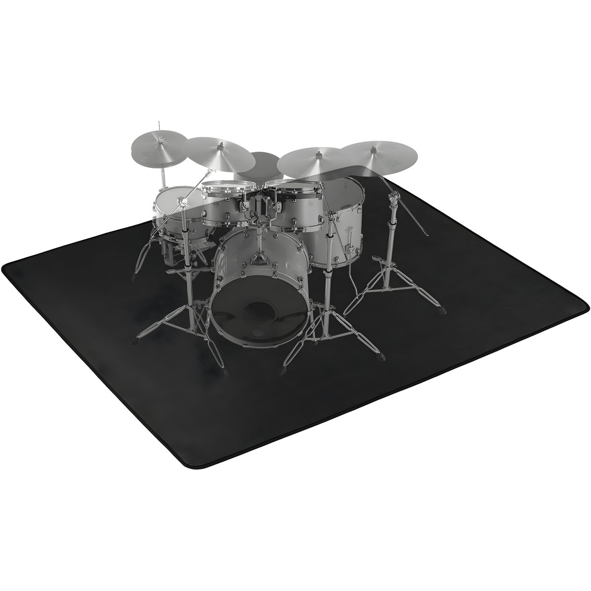 Black rectangular drum carpet, 160 x 200cm, shown under a full drum kit with cymbals and hardware