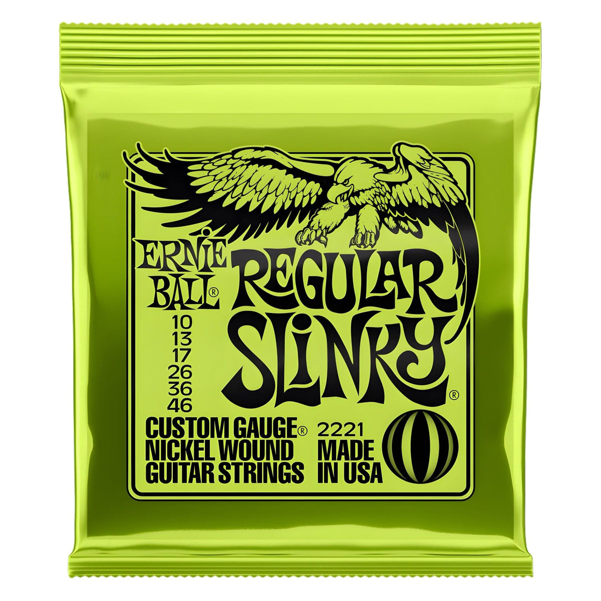 Ernie Ball Regular Slinky 2221 pack in lime green: nickel wound electric guitar strings, gauges 10 13 17 26 36 46