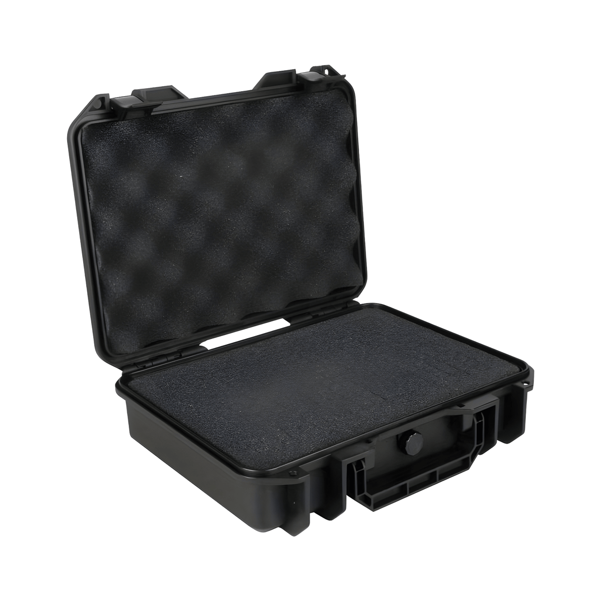 Small black plastic latching hard case shown open, pick and pluck foam in the base and egg-crate foam in the lid