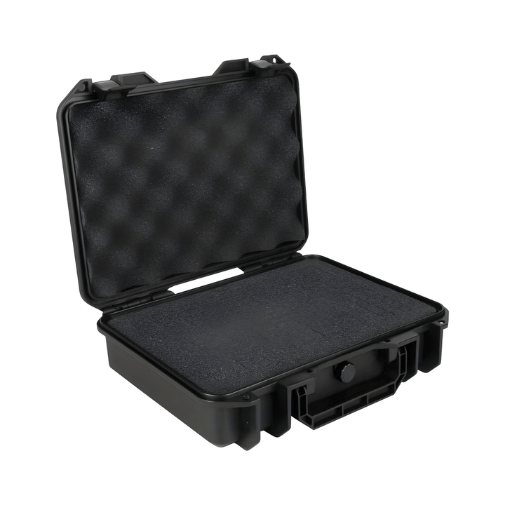 Small black plastic latching hard case shown open, pick and pluck foam in the base and egg-crate foam in the lid
