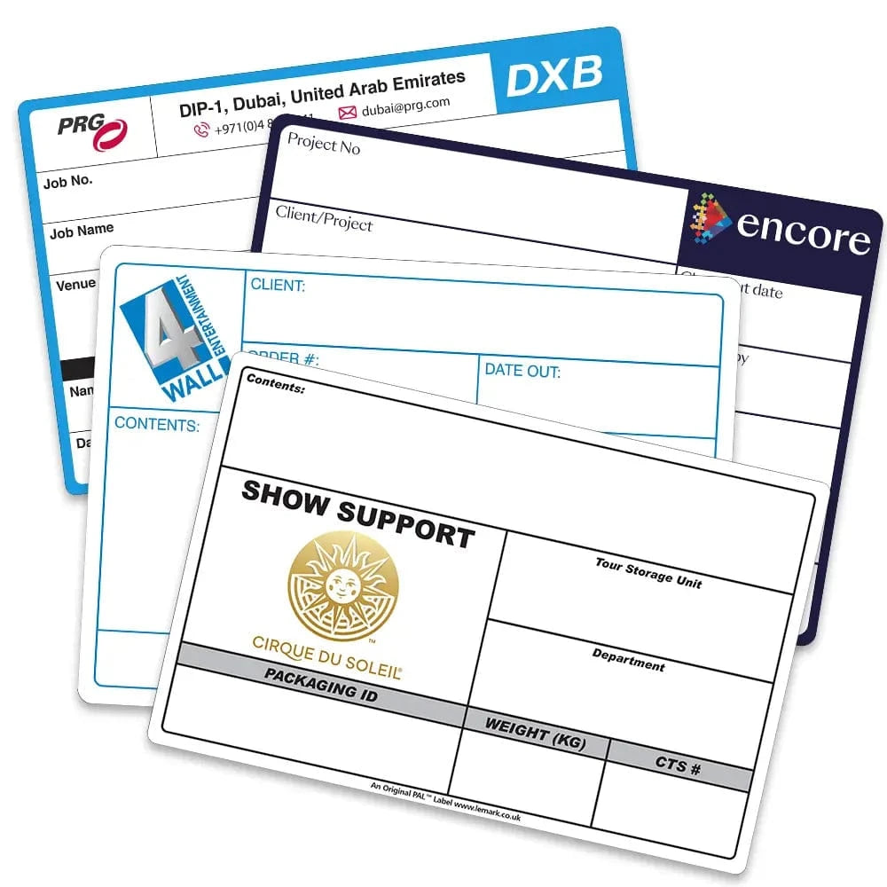 Four example custom-printed PAL flight case labels with company logos, job, contents and case number fields