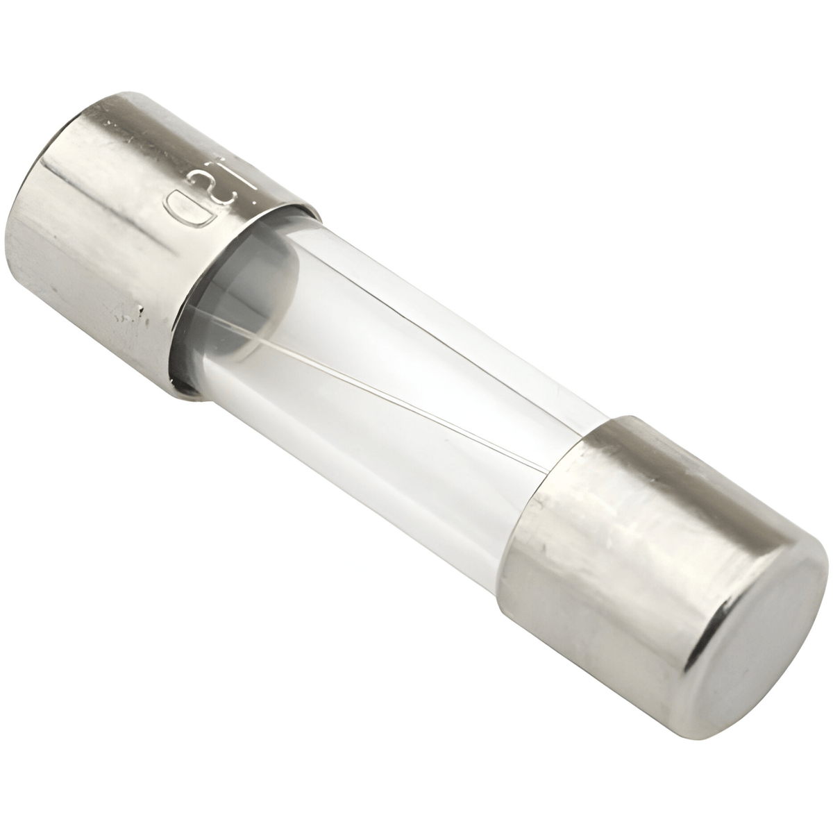 5 x 20mm glass cartridge fuse with metal end caps and a fine wire element visible through the glass