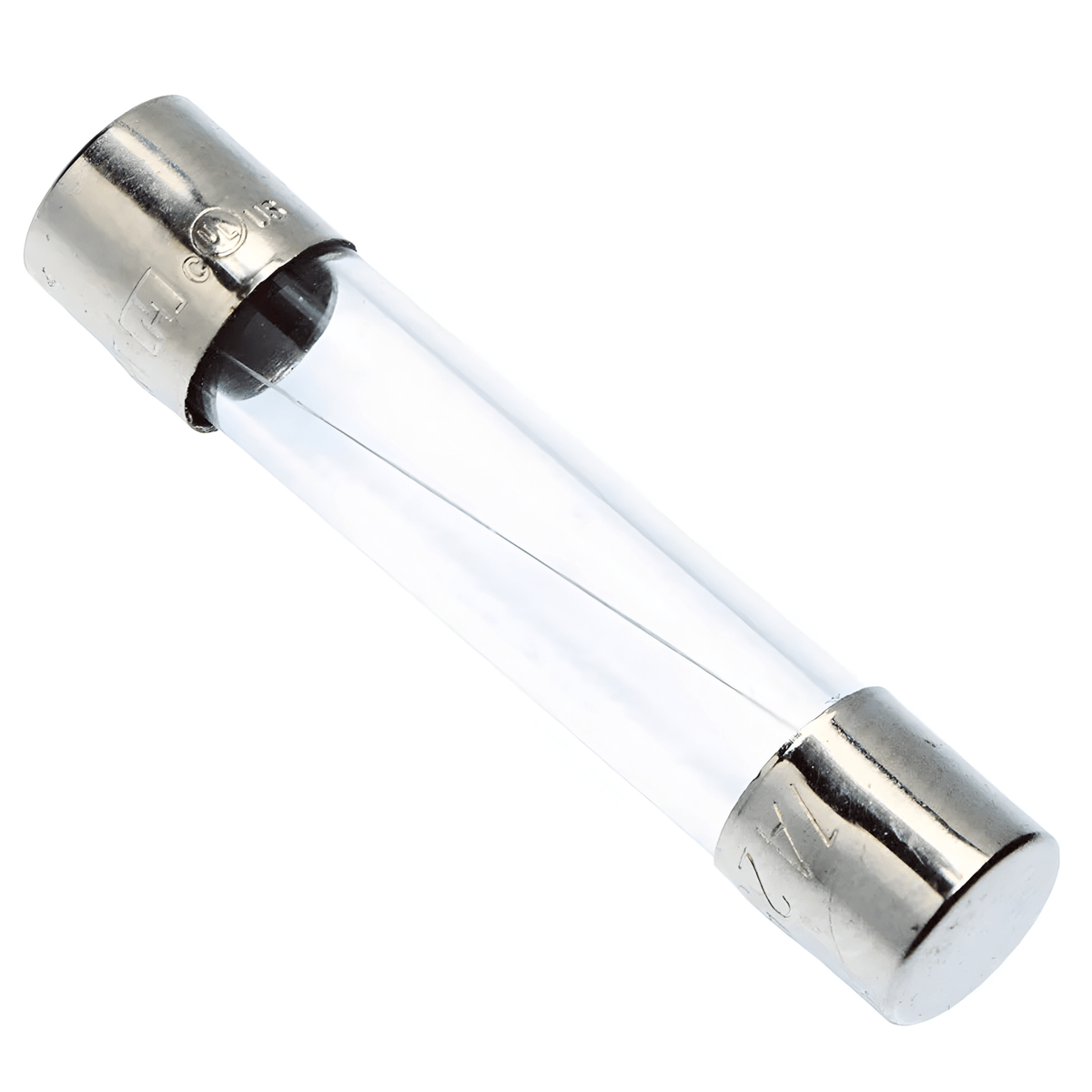 Glass-bodied 6.3 x 32mm cartridge fuse shown at an angle, with a metal end cap at each end