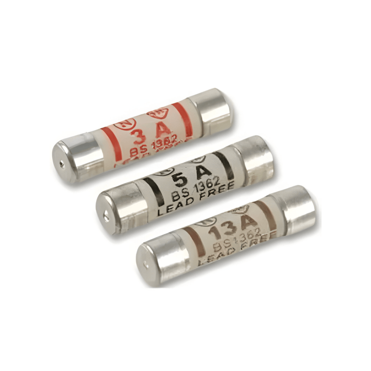 Three UK BS 1362 plug fuses printed 3A in red, 5A in black and 13A in brown, each marked lead free