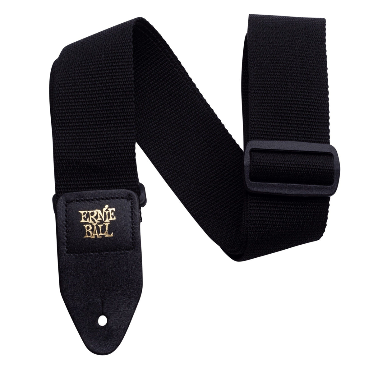 Ernie Ball P04037 black Polypro strap folded, showing a leather end with gold Ernie Ball logo and the black buckle