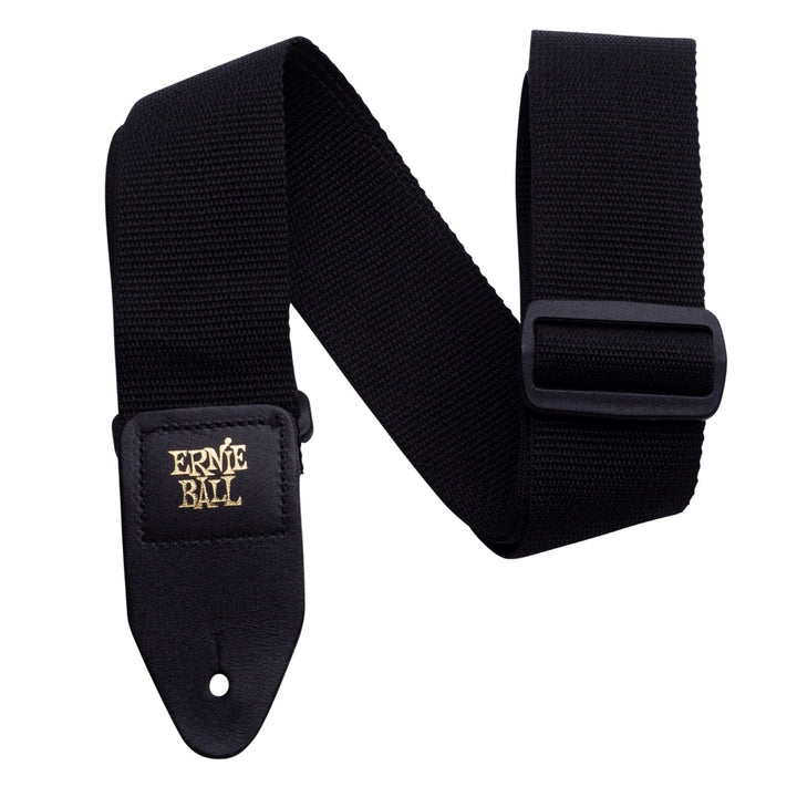 Ernie Ball P04037 black Polypro strap folded, showing a leather end with gold Ernie Ball logo and the black buckle